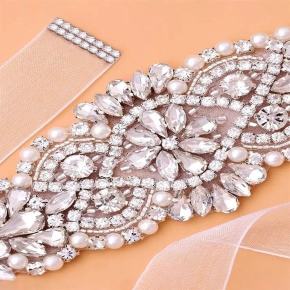 Rhinestone and Pearl Bridal Wedding Dress Belt Waist Chain Sash - Picture 6 of 10